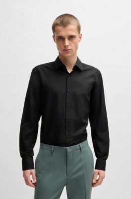 Slim-fit shirt in cotton-linen jacquard, Black