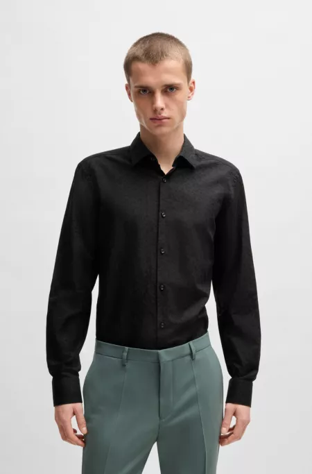 Slim-fit shirt in cotton-linen jacquard