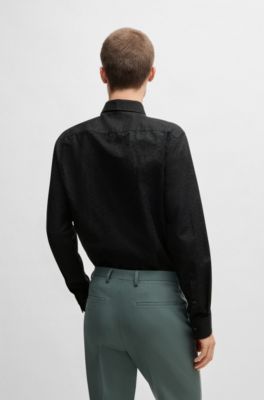 Camisa slim fit de jacquard de algod&oacute;n y lino, Negro