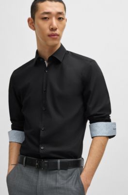 Camisa slim fit en popel&iacute;n de algod&oacute;n de planchado f&aacute;cil, Negro