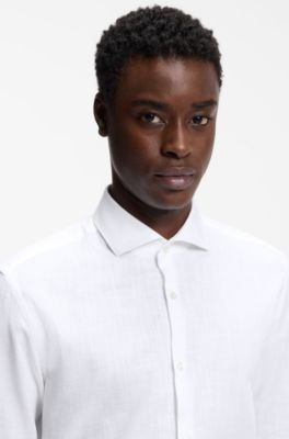 Camisa slim fit de algod&oacute;n y lino, Blanco