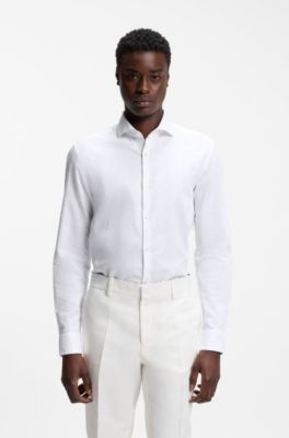 Camisa slim fit de algod&oacute;n y lino, Blanco