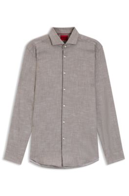 Slim-fit shirt in cotton and linen, Light Brown