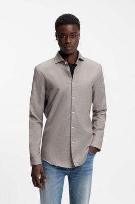 Camisa slim fit de algod&oacute;n y lino, Marr&oacute;n claro