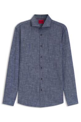 Slim-fit shirt in cotton and linen, Dark Blue