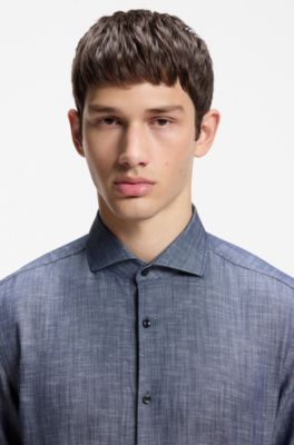 Slim-fit shirt in cotton and linen, Dark Blue