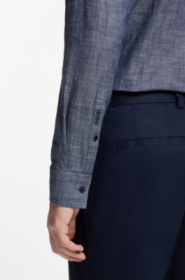Slim-fit shirt in cotton and linen, Dark Blue