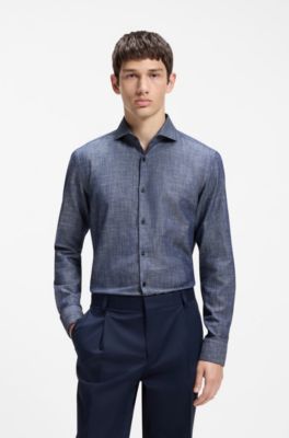 Slim-fit shirt in cotton and linen, Dark Blue