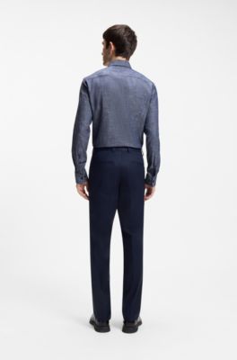 Slim-fit shirt in cotton and linen, Dark Blue