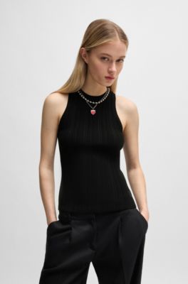 Sleeveless top with irregular rib, Black