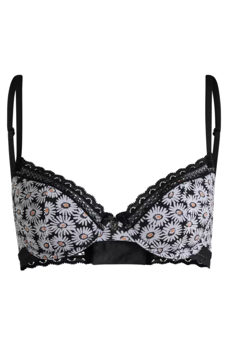 Daisy-print underwire padded bra with lace inserts
