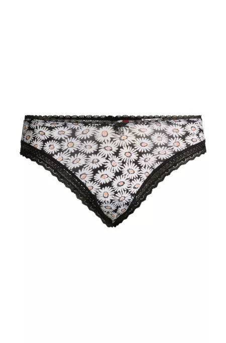 Daisy-print thong with lace trims