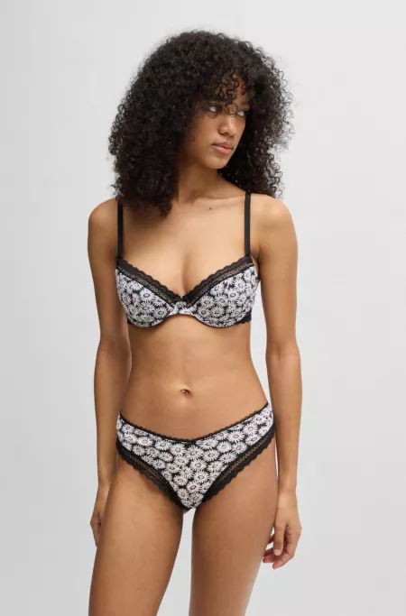 Daisy-print thong with lace trims