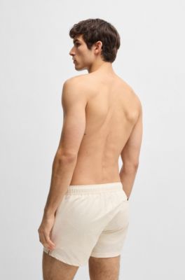 Short de bain en tissu seersucker avec logo brod&eacute;, Blanc