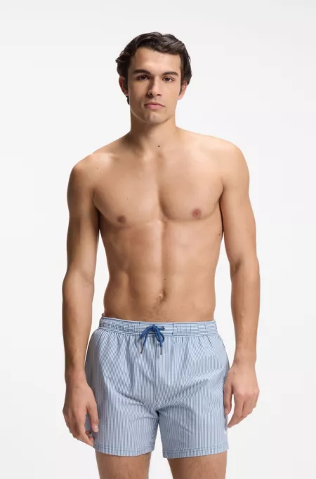 Embroidered-logo swim shorts in striped seersucker