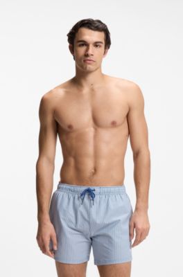 Embroidered-logo swim shorts in striped seersucker, Light Blue