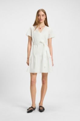 Cotton dress with wrap front, White