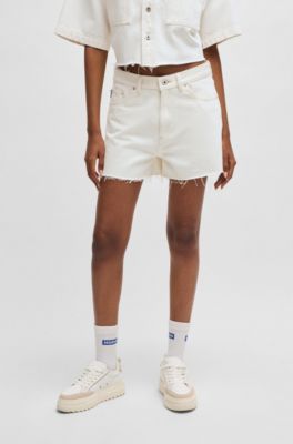 Ecru denim shorts with raw hem, White