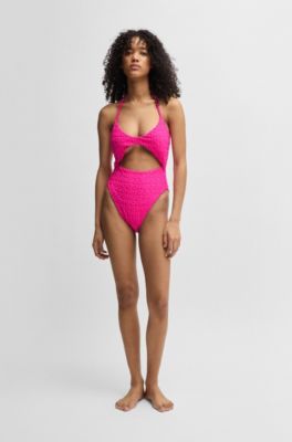 Logo-pattern cutout swimsuit in toweling jersey, Pink