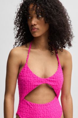 Logo-pattern cutout swimsuit in toweling jersey, Pink