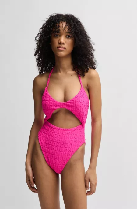 Logo-pattern cutout swimsuit in toweling jersey