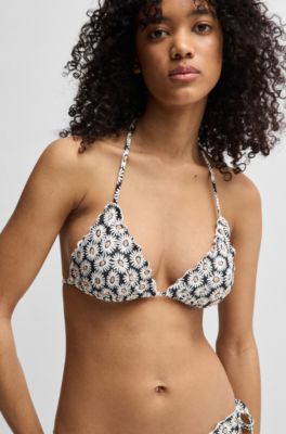Halter-neck bikini top with ruffled edge, Patterned