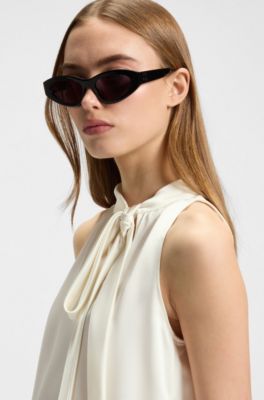 Blusa de raso sin mangas con lazo en el cuello, Blanco