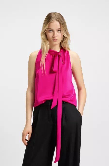 Sleeveless top in satin with tie neck