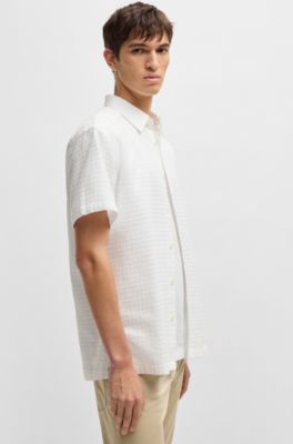 Camisa relaxed fit de algod&oacute;n con estructura de rejilla, Blanco