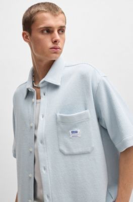 Camisa de manga corta de algod&oacute;n con estructura de rejilla, Celeste