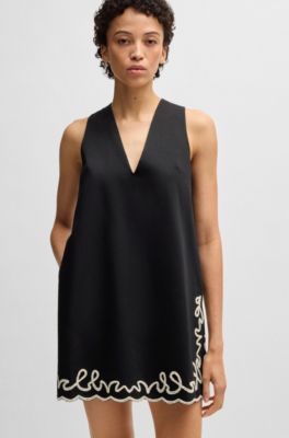 Cotton dress with contrast embroidery, Black
