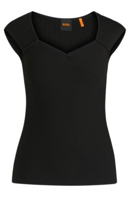 Top sin mangas en tejido el&aacute;stico con mezcla de canal&eacute;, Negro