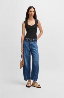 Top sin mangas en tejido el&aacute;stico con mezcla de canal&eacute;, Negro