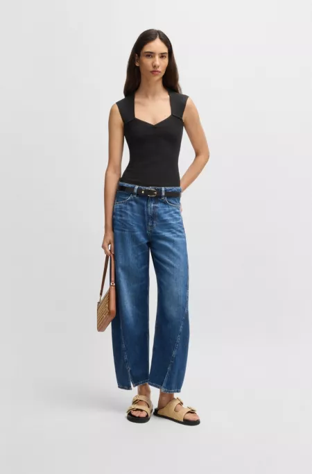 Sleeveless top in stretch fabric with mixed ribbing