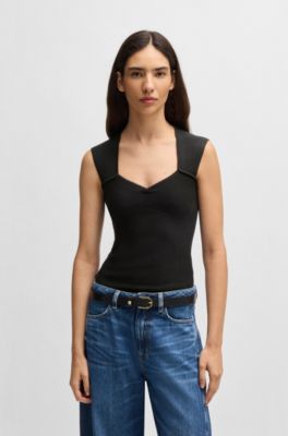 Top sin mangas en tejido el&aacute;stico con mezcla de canal&eacute;, Negro