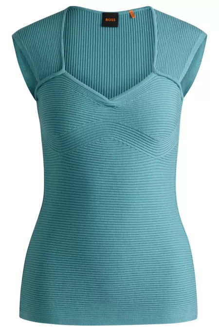 Sleeveless top in stretch fabric with mixed ribbing
