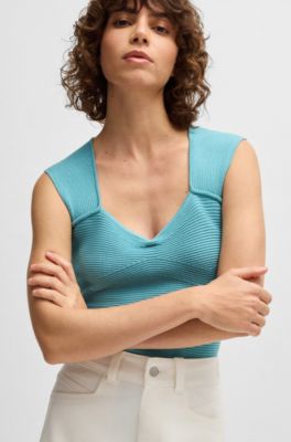 Top sin mangas en tejido el&aacute;stico con mezcla de canal&eacute;, Azul