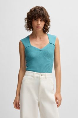 Sleeveless top in stretch fabric with mixed ribbing, Blue