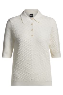 Structured sweater with polo collar, White