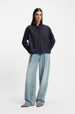 Relaxed-fit blouse in cotton muslin, Dark Blue