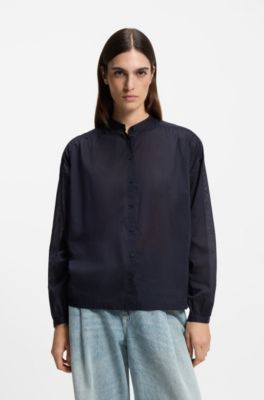 Relaxed-fit blouse in cotton muslin, Dark Blue