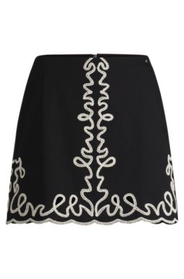 Cotton mini skirt with contrast embroidery, Black