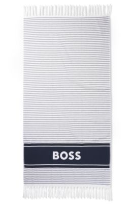 Beach towel in cotton with stripes and logo, Dark Blue