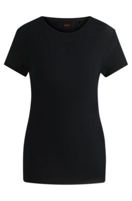 Scoop-neck linen T-shirt with gathered back, Black