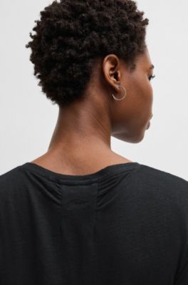 Scoop-neck linen T-shirt with gathered back, Black