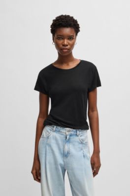 Scoop-neck linen T-shirt with gathered back, Black