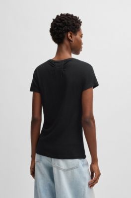 Scoop-neck linen T-shirt with gathered back, Black
