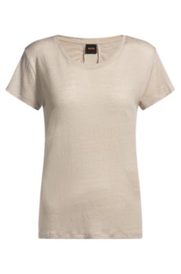 T-shirt en lin &agrave; encolure d&eacute;gag&eacute;e et dos fronc&eacute;, Beige clair