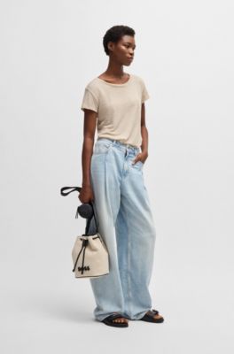 T-shirt en lin &agrave; encolure d&eacute;gag&eacute;e et dos fronc&eacute;, Beige clair