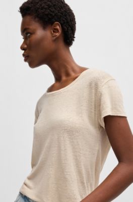 T-shirt en lin &agrave; encolure d&eacute;gag&eacute;e et dos fronc&eacute;, Beige clair